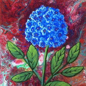 Flower painting, blue hydrangea, wall art, home decor
