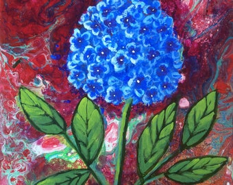 Flower painting, blue hydrangea, 9"x12", wall art, home decor
