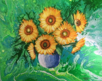 Abstract painting, sunflowers, Original painting, Pour painting, Art Deco, art deco, home decor, wall art
