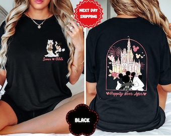 Camiseta de dos caras con pareja de Mickey y Minnie en la boda de Disney y felices para siempre, viaje de luna de miel con el esposo y la esposa en el castillo de Disneyland de WDW, novia de Disney