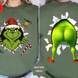 Lustiger Grinch Weihnachten Front-Back Hoodie, doppelseitiger Santa Grinch Shirt, Familie Grinch Weihnachten Sweatshirt, Frauen Weihnachten Shirt