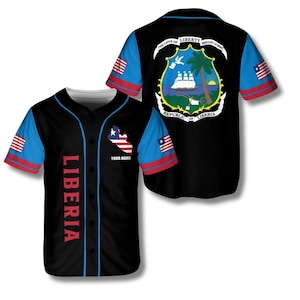 Maglia da baseball personalizzata della Liberia, maglietta nera con bordino blu e nome personalizzato, maniche con bandiera e stemma sul retro