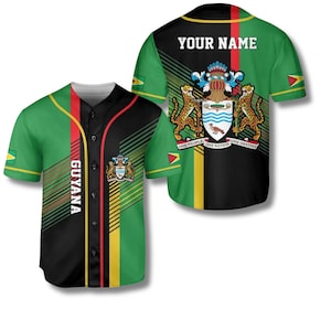 Guyana Baseball Jersey Personalized, Custom Name Black Green Yellow Shirt with Flag Sleeves and Coat of Arms Back