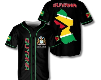 Personalized Guyana Baseball Jersey Shirt, Custom Name Button Up, Guyana Flag Map Back