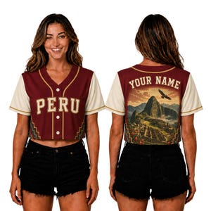May include: A maroon and cream button-down baseball jersey featuring the word PERU in white lettering on the front. The back displays a graphic of Machu Picchu with a bird in flight above the text YOUR NAME, framed by geometric patterns.