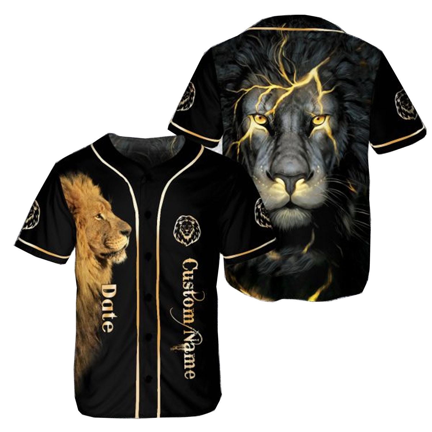 Lion Baseball Jersey - Custom Name Date - Black & Gold Lion Shirt