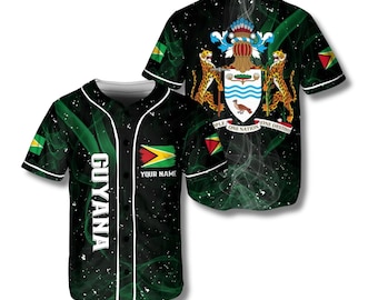 Personalized Guyana Baseball Jersey Shirt, Custom Name, Green Smoke Button Up