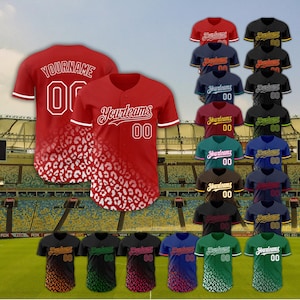 May include: A collection of baseball jerseys in various colors, including red, black, and blue. Each jersey features the text "Yourteams" and the number "00". Some jerseys have a leopard print design.