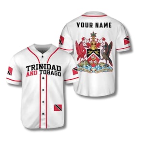 Trinidad and Tobago Baseball Jersey Personalized, Custom Name White Red Shirt with Flag Patches and Coat of Arms Back, Caribbean Pride Gift