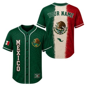 May include: Green baseball jersey with white trim, featuring the Mexican flag colors and emblem. The front displays the word "MEXICO" vertically, and the back has space for a name. The jersey includes the Mexican flag on the sleeve.