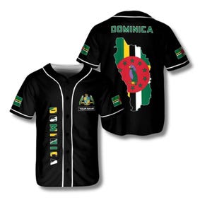Camiseta de béisbol personalizada de Dominica con nombre y mapa de la bandera de Dominica.