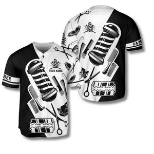 Personalized Barber Baseball Jersey Shirt, Custom Name Button Up, Black White Barber Pole Clippers Design