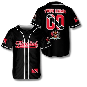 Trinidad Baseball Jersey Personalized, Custom Name and Number Black Shirt with Flag Patches and Coat of Arms