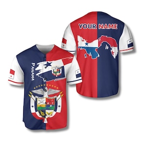 May include: Baseball jersey with a red, white, and blue design featuring the Panama flag and coat of arms. The jersey has the text "PANAMA" on the front and "YOUR NAME" on the back. The sleeves are white with a small flag.