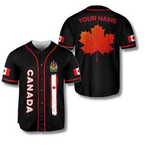 Canada Baseball Jersey Personalized, Custom Name Black Red Maple Leaf Back Shirt with Flag Sleeves and Crest