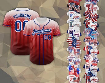 May include: Red and white baseball jerseys with blue accents and the text "YOURNAME" and "Yourteams" with the number "00". The jerseys have a star pattern on the sleeves and a striped design on the front.
