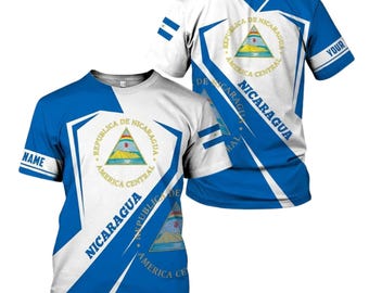 Nicaragua 3D T-Shirt Custom Name Blue White Patriotic Shirt
