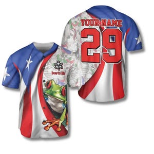 Puerto Rico Coquí Frog Flag Baseball Jersey with Taíno Pattern Background