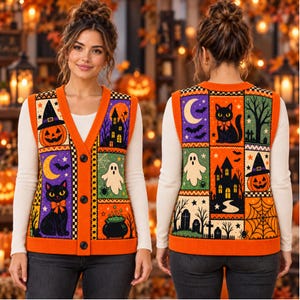 Halloween Cardigan Vest, Black Cat Ghost Pumpkin Patchwork Print, Knitted Button Up Vest