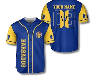 Chemise personnalisée en jersey de baseball de la Barbade, numéro de nom personnalisé, bouton bleu jaune Island Pride