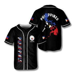 May include: Black baseball jersey with white trim, featuring the word "PHILIPPINES" vertically down the front in red, white, and blue. The back displays a map of the Philippines with the word "PHILIPPINES" above it. Sleeves have flag details.