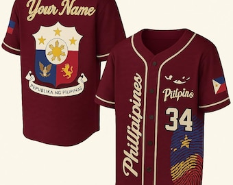 May include: Maroon baseball jersey with white trim, featuring "Philippines" in script, the number 34, and a fingerprint design. The back displays "Your Name" and a Philippine coat of arms.