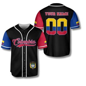 Colombia-honkbalshirt gepersonaliseerd, custom naam en nummer shirt met zwarte knopen, vlagmouwen en embleem