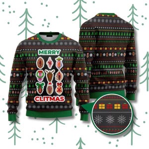 May include: A black long-sleeve jumper with a green crew neck, cuffs, and hem. The front features the text MERRY CLITMAS and a grid of nine vulva illustrations decorated with holiday motifs. The jumper has a repeating pattern of trees and snowflakes.