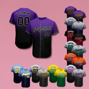 May include: A selection of baseball jerseys in diverse colours, such as purple, black, blue, and orange. Each jersey displays a team name and the number "00" on the front and back. The jerseys have button-up fronts and contrasting sleeve trim.