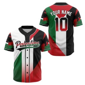 May include: A short-sleeved button-down baseball jersey featuring the colours of the Palestinian flag in a diagonal pattern. The front displays the word Palestine in script, while the back shows the number 10 and the text YOUR NAME.