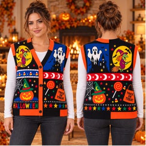 May include: A black button-down sweater vest featuring a colourful Halloween pattern with a witch on a broom, a ghost, a haunted house, a jack-o'-lantern, a lollipop, and a trick or treat bag. The word HALLOWEEN is printed at the bottom.