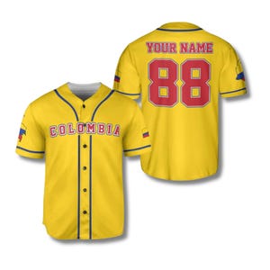 May include: Yellow baseball jersey with the word "COLOMBIA" across the chest and the number "88" on the back. The jersey has blue trim and a button-up front. The text "YOUR NAME" is above the number.