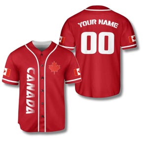 Canada Baseball Jersey Shirt in Red with Maple Leaf and Flag Patches – Custom Name and Number Personalized Canadian Pride Gift Top