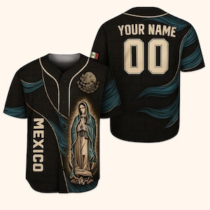 Camiseta de béisbol personalizada de México - Camiseta 3D de la Virgen de Guadalupe - Regalo personalizado con la bandera mexicana