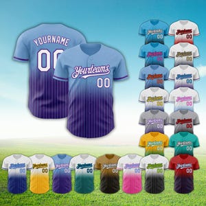 May include: Baseball jerseys in various colors, including blue, white, yellow, and red, with the text "Yourteams" and the number "00". The jerseys have a gradient design and are displayed on a green grassy background.