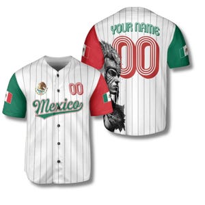 Mexico Pinstripe Baseball Jersey with Green Red Flag Sleeves & Aztec Warrior Back