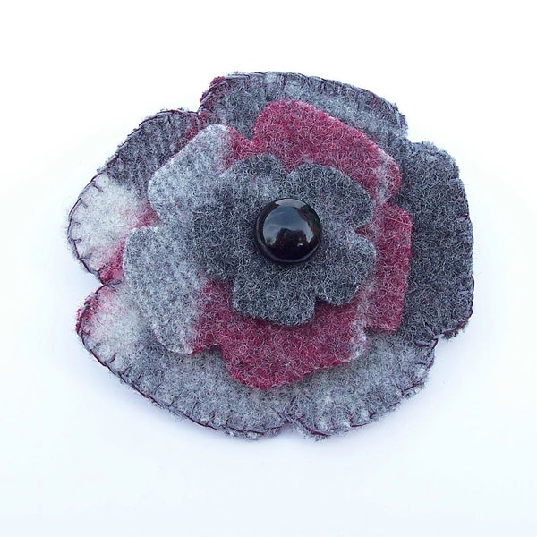 BONNIE - Felt Brooch - A Stylish Grey and Burgundy Tartan Rose Flower - Accessory - Pin - Scotland - Scottish