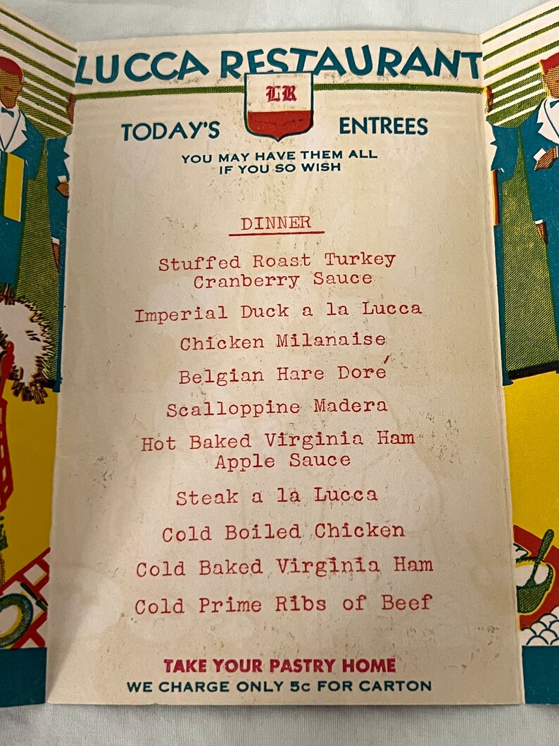 Lucca Restaurant 1930s Original Menu Advertisement, Los Angeles - Etsy