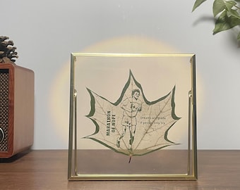 Custom Skeleton Leaf Art, Personalized Photo Vein Carving in Gold Frame, Elegant Keepsake Gift, Unique Nature Decor