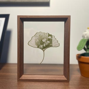 Puede incluir: Una obra de arte enmarcada con una detallada ilustración de una hoja de ginkgo verde. La hoja está encerrada en un panel de vidrio transparente dentro de un marco de madera marrón oscuro. La obra de arte se exhibe sobre una superficie de madera.