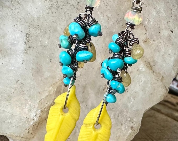 Yellow Feather Blue Bird Day Earrings