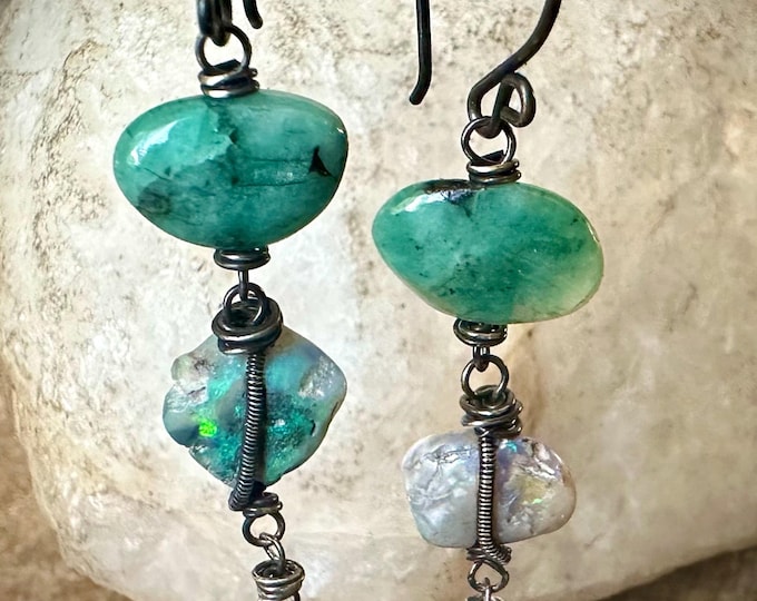 Emerald & Uncut Opal Earrings