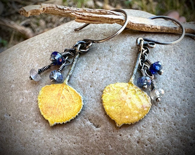 Golden Aspen Leaf & Sapphire Earrings