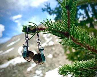 Colorado Aspen Leaf & Raw Aquamarine Earrings