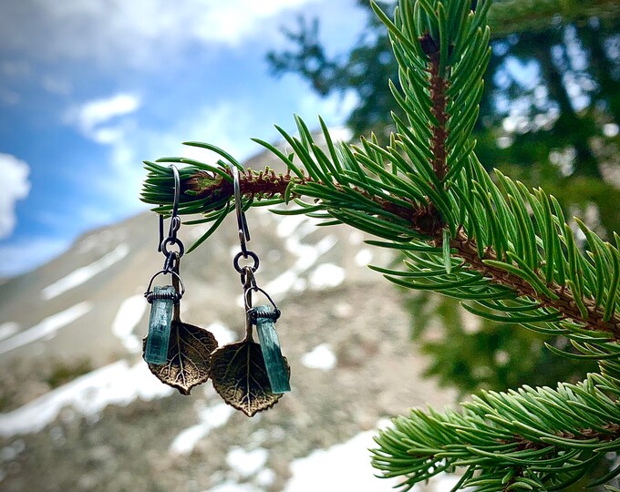 Colorado Aspen Leaf & Raw Aquamarine Earrings