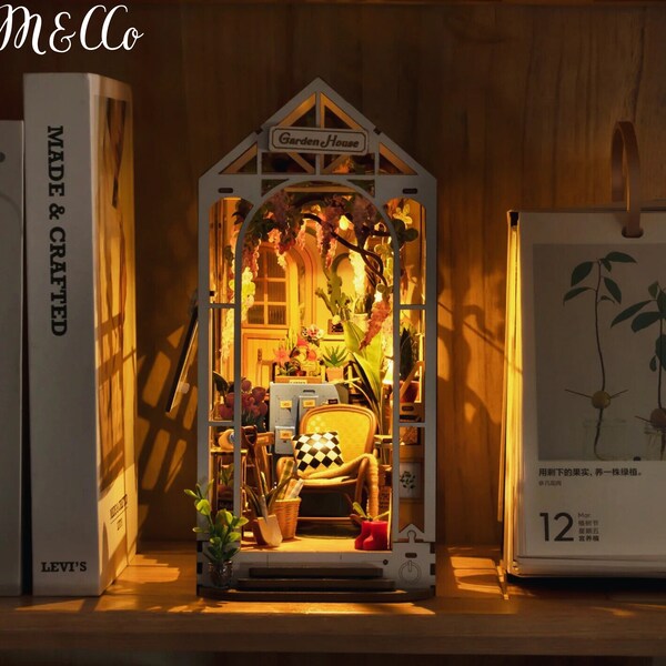 3D-Buchecke für Gartenhaus aus Holz | DIY Booknook-Kit | Holzpuzzle | Regaleinsatz | Bücherregal-Dekor | Geschenk für Leser | Bücherwurm-Geschenk