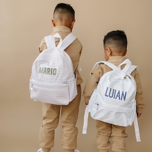 Custom Embroidered Gingham Toddler Backpack - Tan