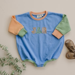 Custom Embroidered Colorblock Baby Romper: Orange, Blue, Green