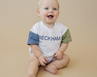 Custom Embroidered Organic Cotton Colorblock T-Shirt Romper - Gray