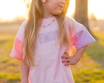 Individuell besticktes Colorblock T-Shirt und Biker Shorts Set - Pink & Lila